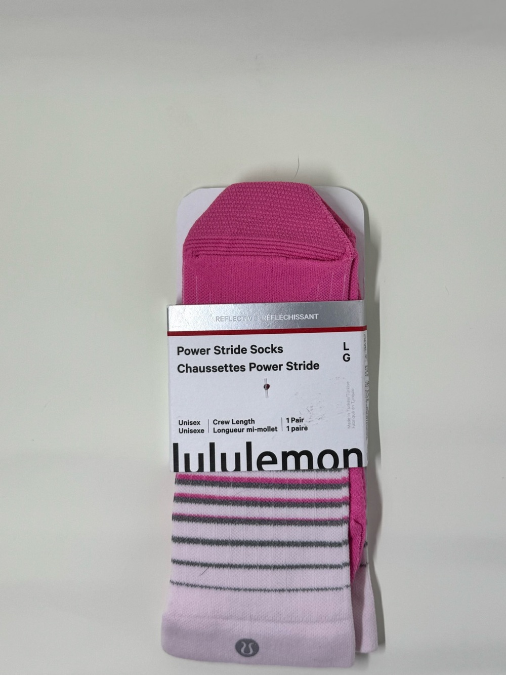 🍋Lululemon Power Stride Crew Socks Reflective Pink Size L NWT